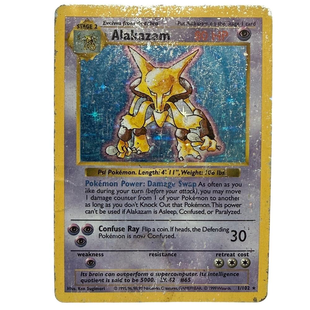 Pokémon TCG Alakazam 1/102 Base Set Shadowless Unlimited 1999 Holo Rare Card DMG